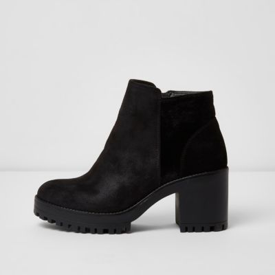 Black suede look chunky heel ankle boots